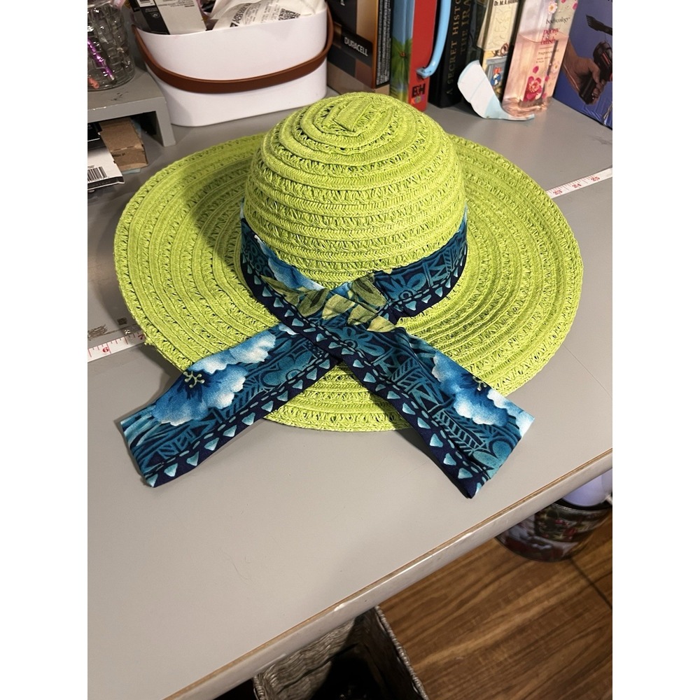 Women's Green Wide Brim Straw Hat With Decorative Blue Floral Wrap Bow Cottage